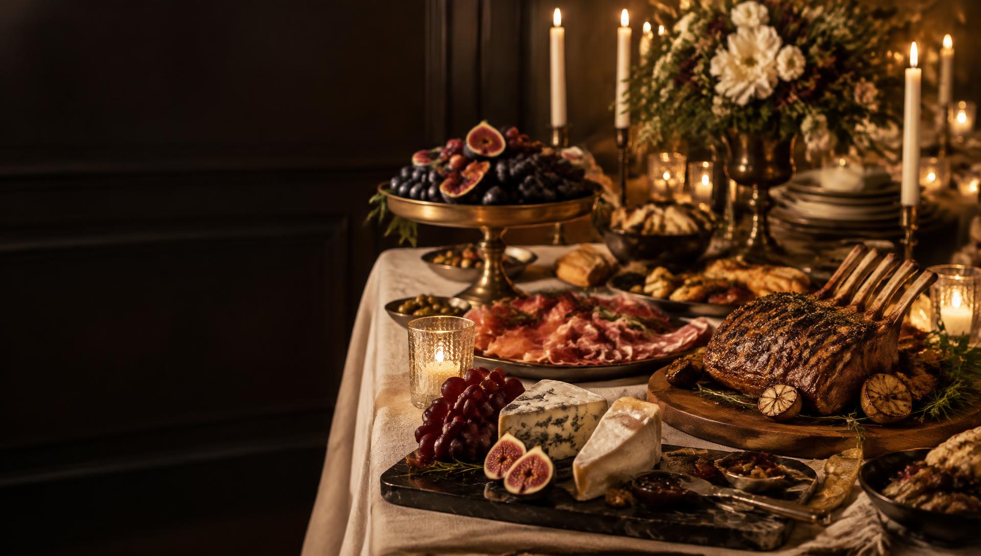 Candlelit catering spread with roasted meats, charcuterie, cheeses and fruit